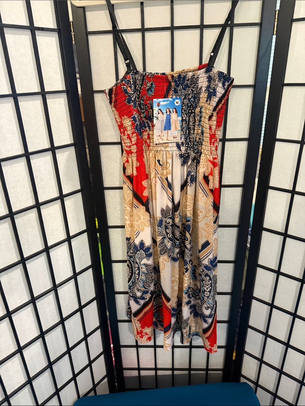Strapless Smocked Maxi Dress in Red, Navy & Cream